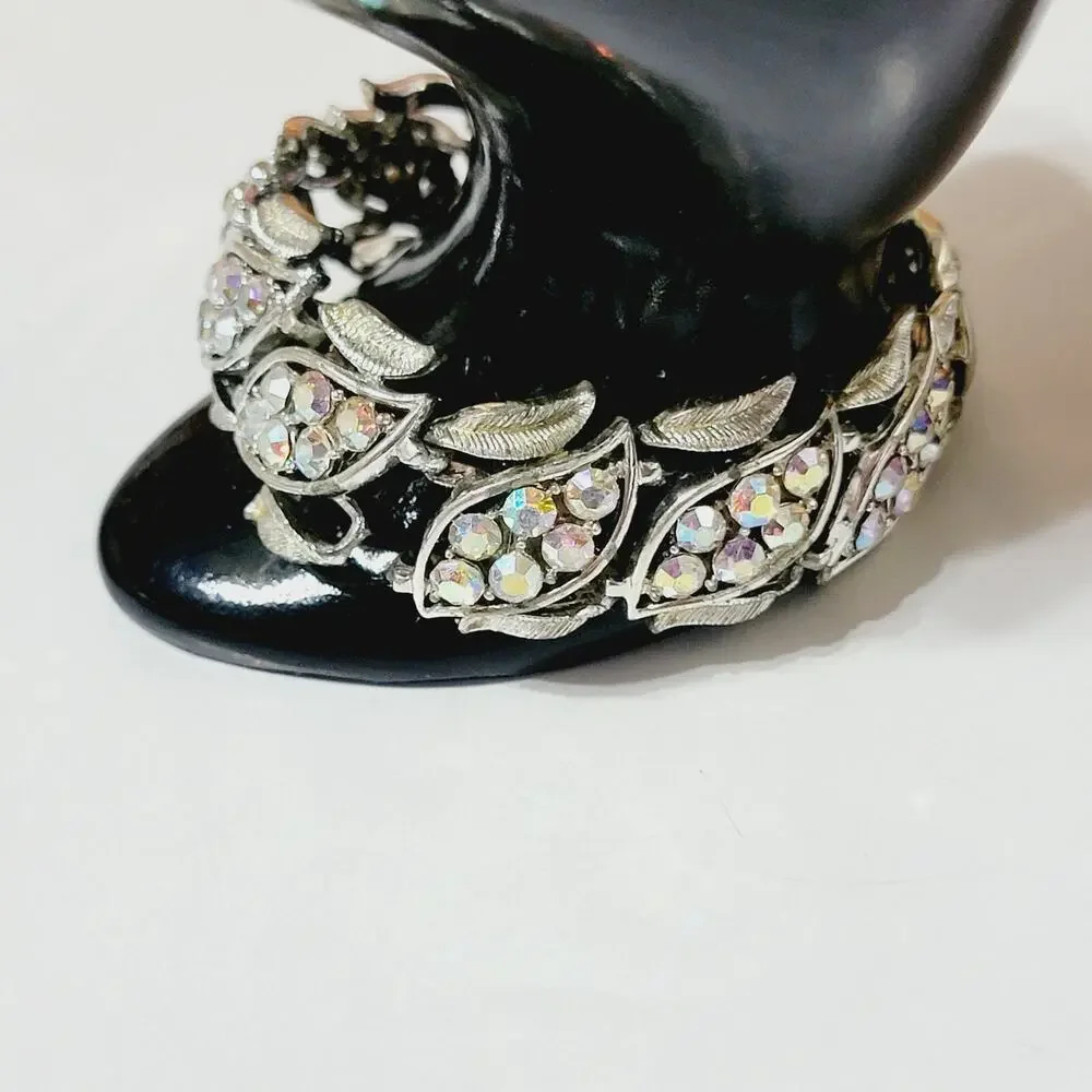 Coro AB Rhinestone Leaf Bracelet Silver Tone Mid Century 7